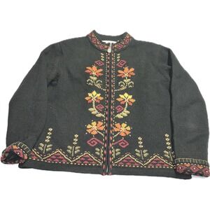 Nomadic Traders Women's Size M Black‎ Lambs' Wool Floral Full Zip Sweater